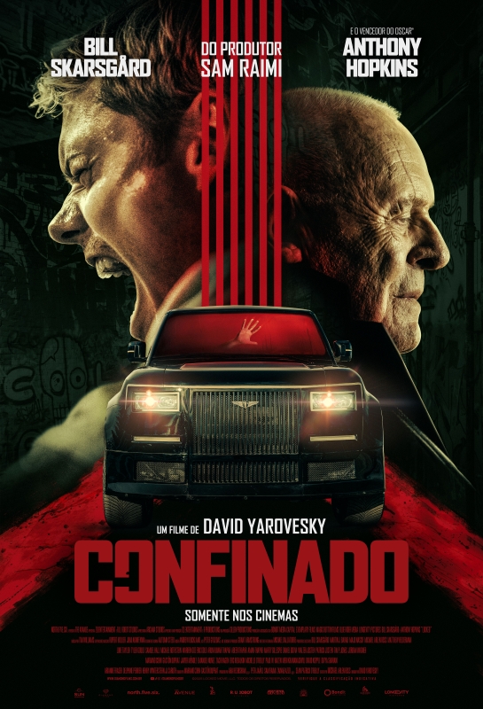 Cartaz de divulgação do filme. Na parte superior da imagem, dois rostos masculinos aparecem em perfil, voltados cada um para um lado. À esquerda, um rapaz branco, com cabelo loiro e curto. Está com a boca aberta e os olhos fechados, em ação de grito. À direita, um idoso branco e calvo. Tem o cabelo grisalho curto e pele marcada por rugas de expressão. Entre os dois rostos, cinco faixas verticais vermelhas descem até a parte central da imagem, onde há uma luxuosa SUV preta. Visto de frente, o veículo está com faróis acesos. Há uma mão espalmada contra o vidro do para-brisa, que está avermelhado. Ao fundo, grafites em paredes. Na parte inferior do cartaz, está o título, em letras vermelhas e grandes: 