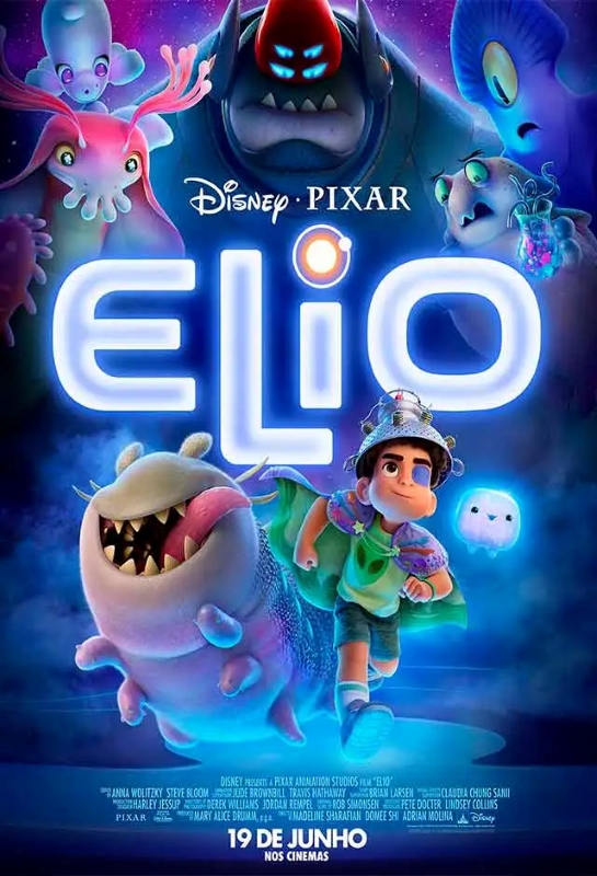 Cartaz de divulgação do filme. A imagem é composta por uma ilustração colorida em estilo de animação digital. Na parte superior, cinco alienígenas olham para três personagens que estão na parte inferior. À direita, há um alienígena cinza, de cabeça ovalada e outro rosa, com antenas e tentáculos no lugar da boca. Ao centro, um ser de quatro olhos brilhando em azul e dentes pontudos. À direita, um alienígena roxo com um único olho grande e outro com uma pequena tromba no lugar do nariz. Entre os personagens, ao centro, estão os logos 