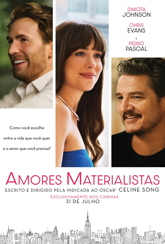 Cartaz de divulgação do filme. Sobre fundo branco, há três colunas verticais na parte superior da imagem. Em cada coluna, um retrato de uma pessoa do elenco. São todas pessoas brancas. À esquerda, Chris Evans está sorrindo, de perfil esquerdo, com barba curta e cabelos castanhos penteados para trás.  Ao centro, Dakota Johnson está de perfil direito, sorrindo de boca fechada. Ela tem cabelos castanhos, lisos e com franja. À direita, Pedro Pascal está voltado para a esquerda, com um leve sorriso. Ele tem cabelo castanho, curto e com topete, barba por fazer e bigode. Na parte cental, à esquerda, em letras pretas: 