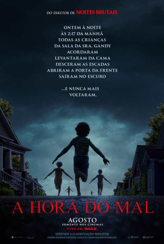 Cartaz de divulgação do filme. Cinco crianças vistas de costas, correm no meio de uma rua asfaltada ladeada por casas com telhados triangulares. A criança mais próxima está centralizada, as demais estão posicionadas em diferentes distâncias. Todas estão com os braços abertos. O céu está coberto por nuvens escuras. Na parte superior, ao centro, o texto em branco “Do diretor de